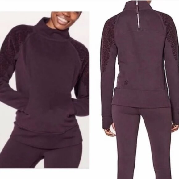 LULULEMON Sweatshirt Womens 6 Purple Funnel Neck Back Zip Floral Flock Thumbhole - Picture 1 of 10